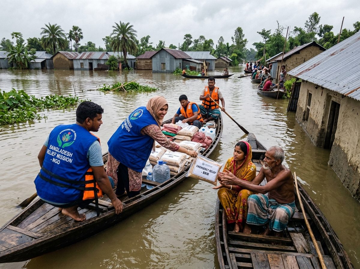 বন্যার্তদের মাঝে জরুরি ত্রাণ বিতরণ